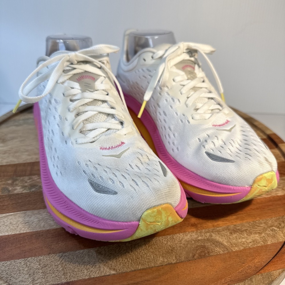 HOKA Womens Kawana Mesh Athletic Running Sneakers White Pink Orange Size 9.5B
